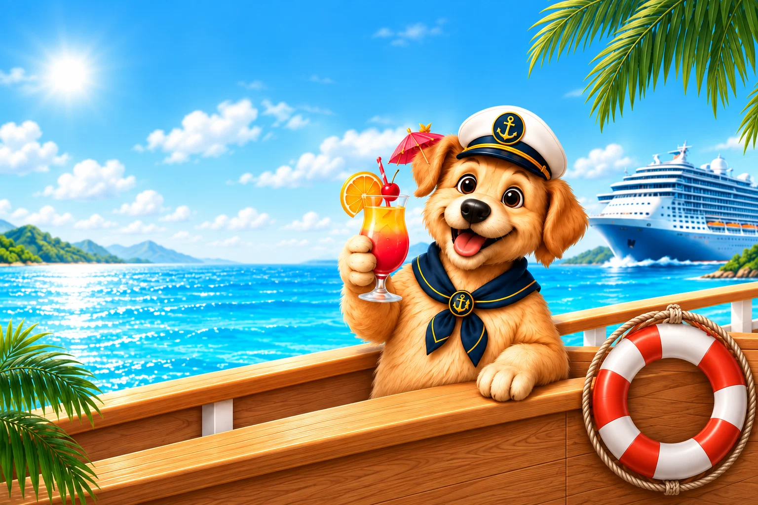 A friendly Cruise Mutt captain holding a colourful cocktail on a sunny cruise deck.