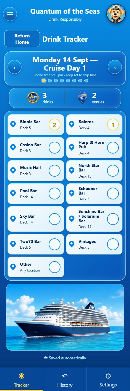 Cruise Mutt Drink Tracker for Quantum of the Seas, with venue buttons and daily totals. Sample record: three drinks at two venues.